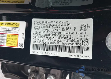 2023 Honda Civic Sport z USA, uszkodzony, nr VIN 2HGFE2F53PH525846